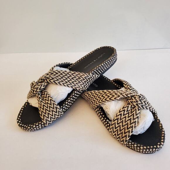 Lucky Brand Sandals Size 10 Fynna Woven Slide Leather Black White Boho - Picture 3 of 13